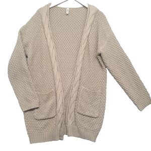 Grecerelle Womens Sz L Cardigan Sweater Beige Long Sleeve Open Front Cable Knit